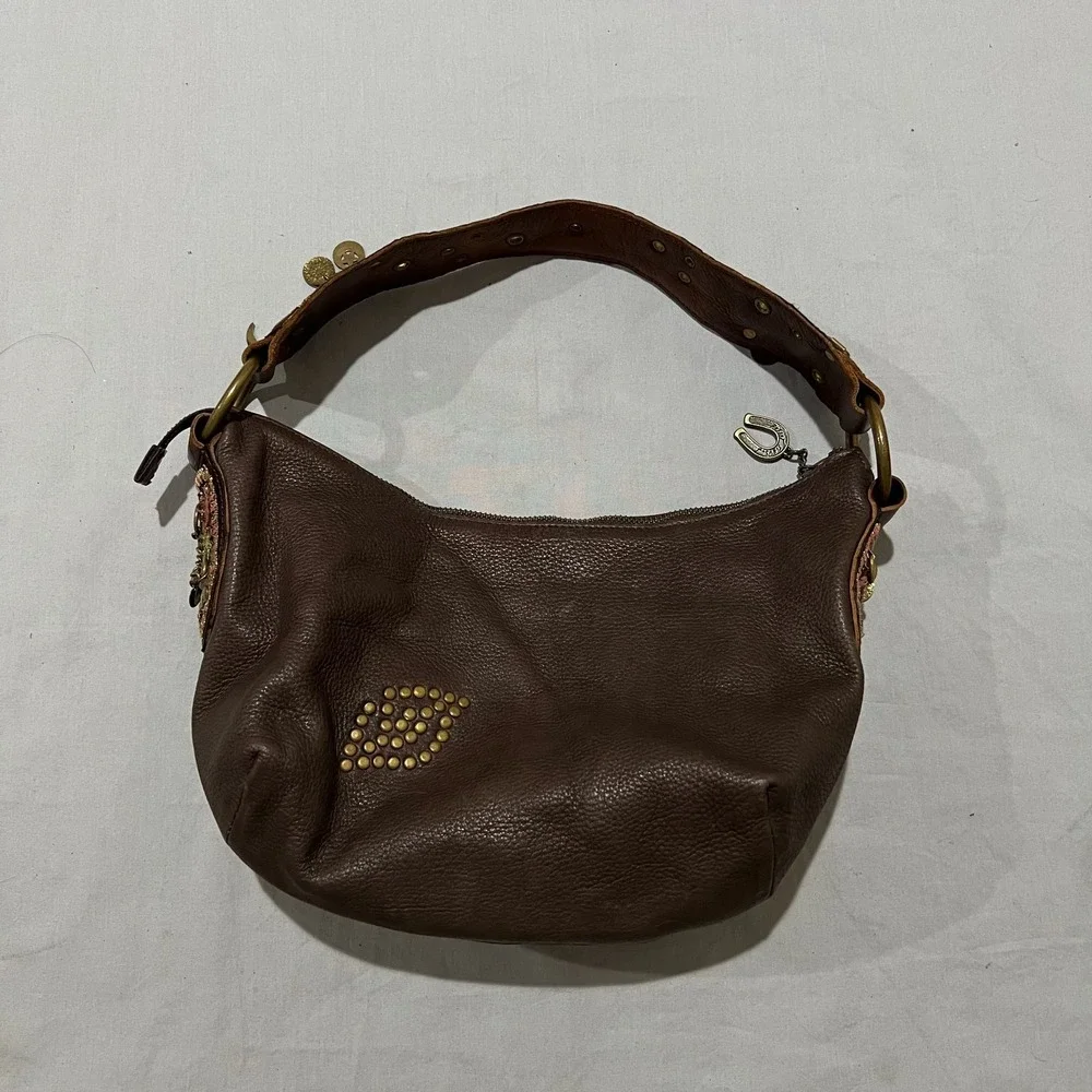 Y2K Betsey Johnson Womens Brown Studded Boho Floral Charm Leather Hobo Handbag